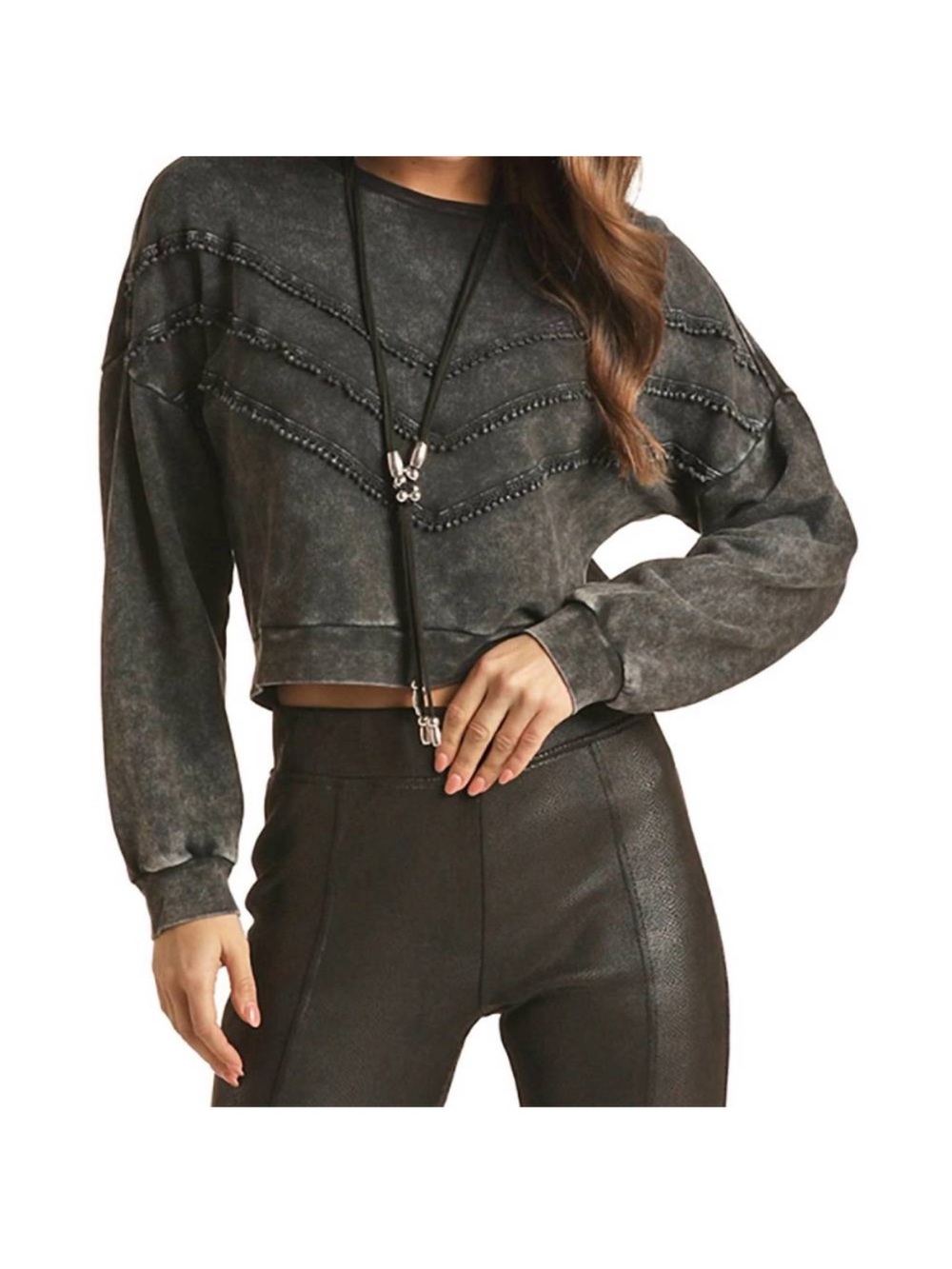 rock and roll denim sweater black faded fringe small s runs big medium A6